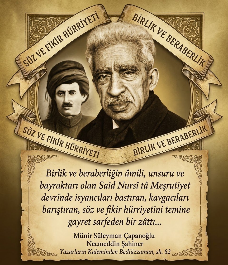 SNTH1293's tweet photo. Birlik ve beraberliğin âmili, unsuru ve bayraktarı olan Said Nursî tâ Meşrutiyet devrinde isyancıları bastıran, kavgacıları barıştıran, söz ve fikir hürriyetini temine gayret sarfeden bir zâttı...
#MünirSüleymanÇapanoğlu
#saidnursi #meşrutiyet #risaleinur #birlik https://t.co/BnSymaIOa9