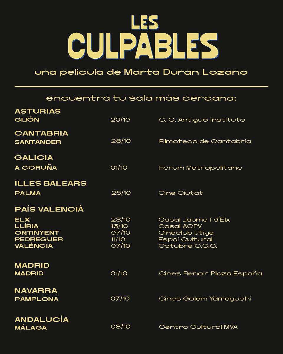 BoogalooFilms's tweet photo. 💌 #LesCulpables s'estrena AVUI als cinemes 
És el #DocsdelMes d'octubre i la trobareu a sales de tot el territori.

Avui les 20:30h, presentació i col·loqui als @cinesrenoir Floridablanca.  

Avui també: Madrid, Girona, Granollers, L'Escala, Manresa, A Coruña.

@martaduranloz https://t.co/Y9f0HtZnMl