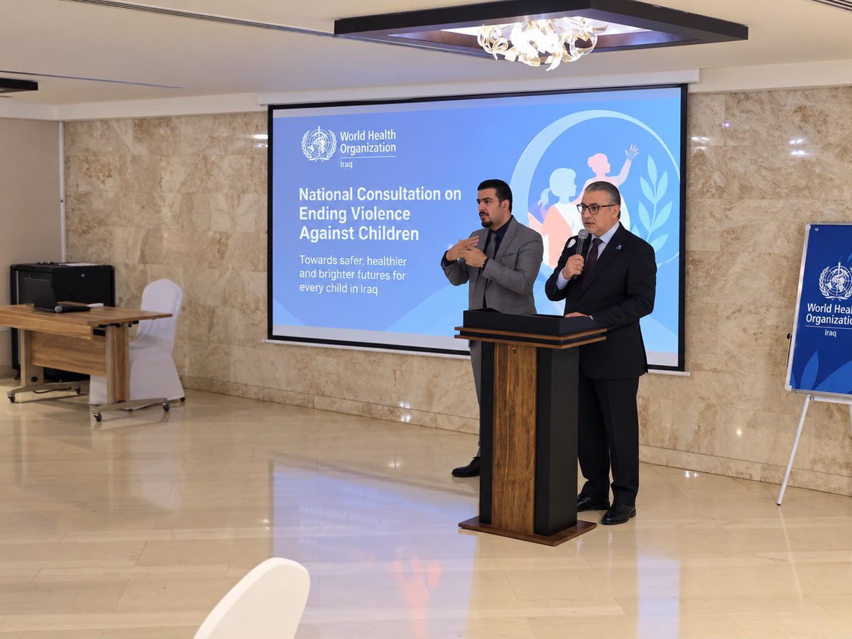 WHOIraq's tweet photo. بدعم من المكتب الإقليمي لمنظمة الصحة العالمية لشرق المتوسط، عقدت منظمة الصحة العالمية في العراق، بالتعاون مع وزارة الصحة واليونيسف والشركاء الوطنيين، المشاورات الوطنية لإ��هاء العنف ضد الأطفال في بغداد.

وجمعت المشاورات ممثلين عن المؤسسات الحكومية ووكالات الأمم المتحدة ومنظمات المجتمع المدني والشباب ومنظمات الأشخاص ذوي الإعاقة، بهدف تحديد الإجراءات ذات الأولوية وصياغة الالتزامات الوطنية للعراق، استعداداً للمؤتمر الوزاري العالمي الثاني في مانيلا.

With support of WHO Regional Office for the Eastern Mediterranean, WHO Iraq in collaboration with the Ministry of Health, UNICEF and national partners, convened the National Consultation on Ending Violence Against Children in Baghdad.

The consultation brought together government institutions, UN agencies, civil society, youth and organizations of persons with disabilities to identify priority actions and shape Iraq’s national commitments ahead of the Second Global Ministerial Conference in Manila.