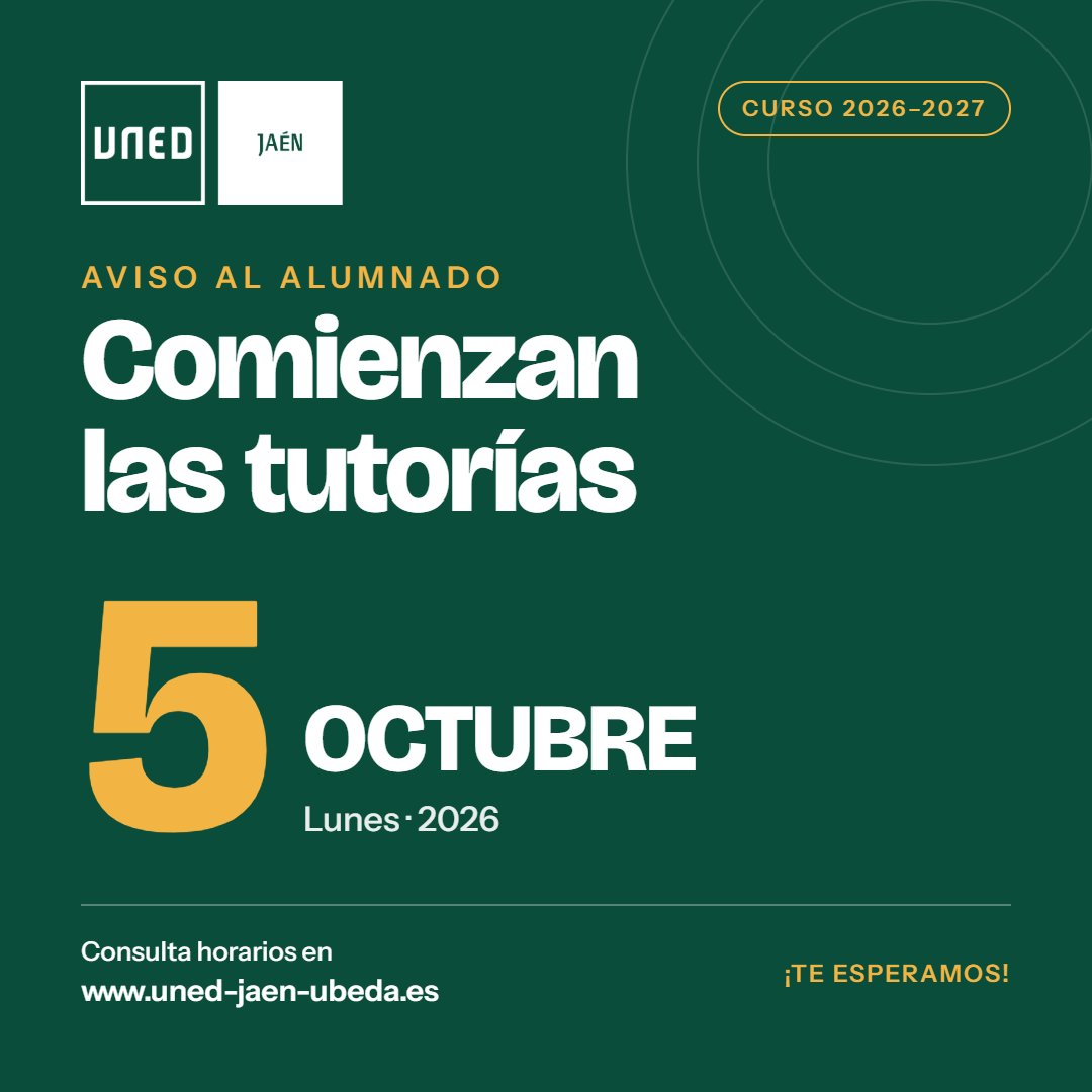 UnedJaen's tweet photo. 📚 ¡Arranca el curso 2026-2027 en @UnedJaen !

 Es el momento de resolver dudas, conocer a tu profesorado tutor y organizar tu estudio desde el primer día 💪

🗓️ Inicio: lunes 5 de octubre
🕒 Consulta los horarios
 👉  https://t.co/hTxwXOdFYX

¡Te esperamos!

#somosuned https://t.co/JaHiBV8kny