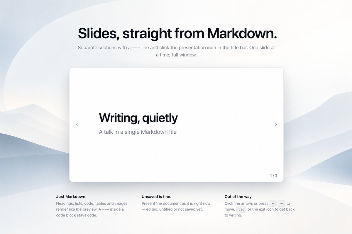 piotr_wittchen's tweet photo. New in kayet 0.4.0: presentation mode 🎬
Split your Markdown with --- and it becomes slides. Present straight from the editor, no extra tools.

https://t.co/bW4AVBKrWl

#macOS #apple #Markdown #TextEditor #OpenSource #RustLang #Tauri https://t.co/PNwTcLCsyR