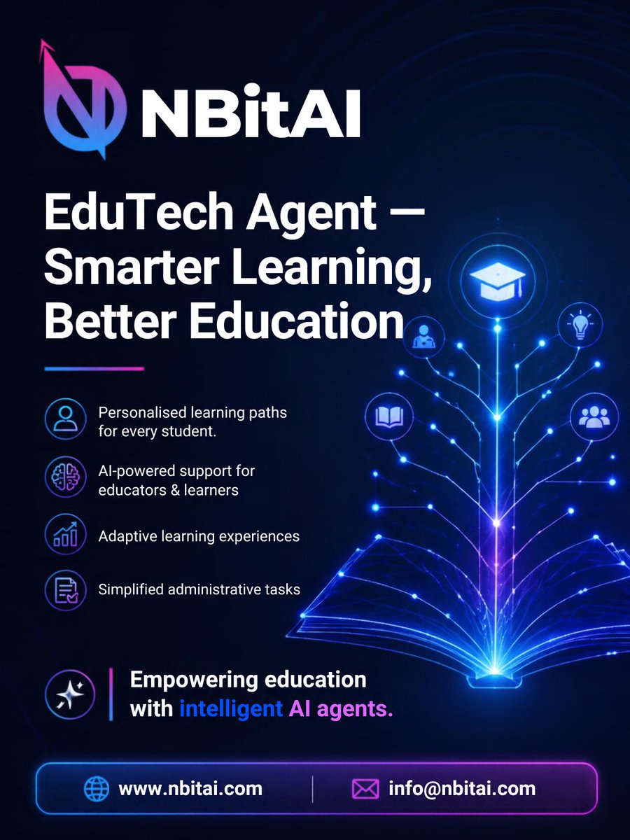 NBitOfficial's tweet photo. 🎓 #EduTech Agent — Smarter Learning, Better Education
Empowering education with intelligent AI agents.
🌐 https://t.co/USctIhNggt
📧 info@nbitai.com
#EduTech #AI #Education #AIinEducation #NBitAI #EdTech #FutureOfLearning https://t.co/OwAgI1TiC1