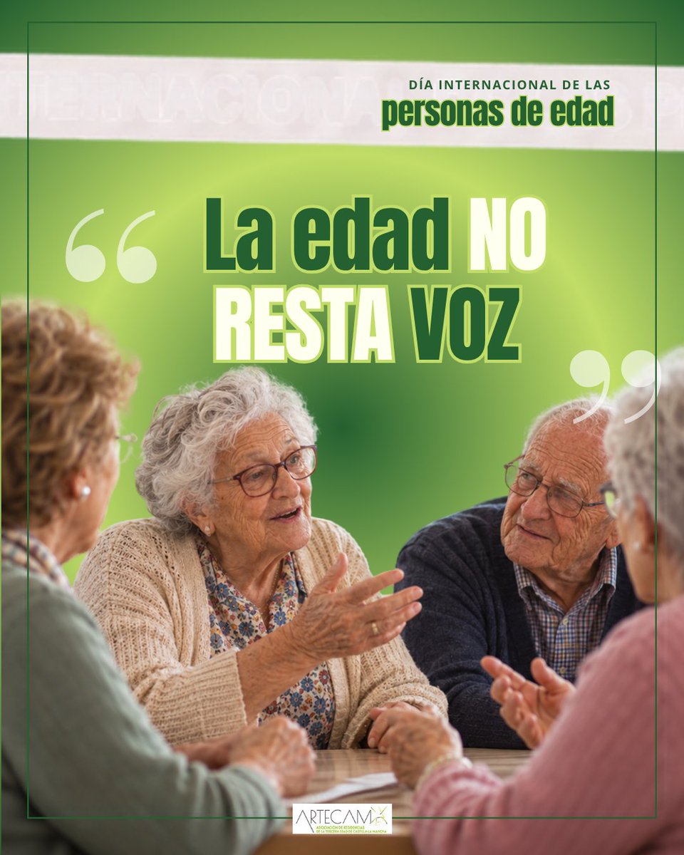ARTECAMCLM's tweet photo. La edad no resta voz.
Las personas mayores tienen derecho a opinar, elegir, discrepar y participar en las decisiones que afectan a su vida, también cuando necesitan apoyos. En el #Dia de las Personas Mayores, reivindicamos escucha real y activa. #ARTECAM https://t.co/hBp6x5EdpH