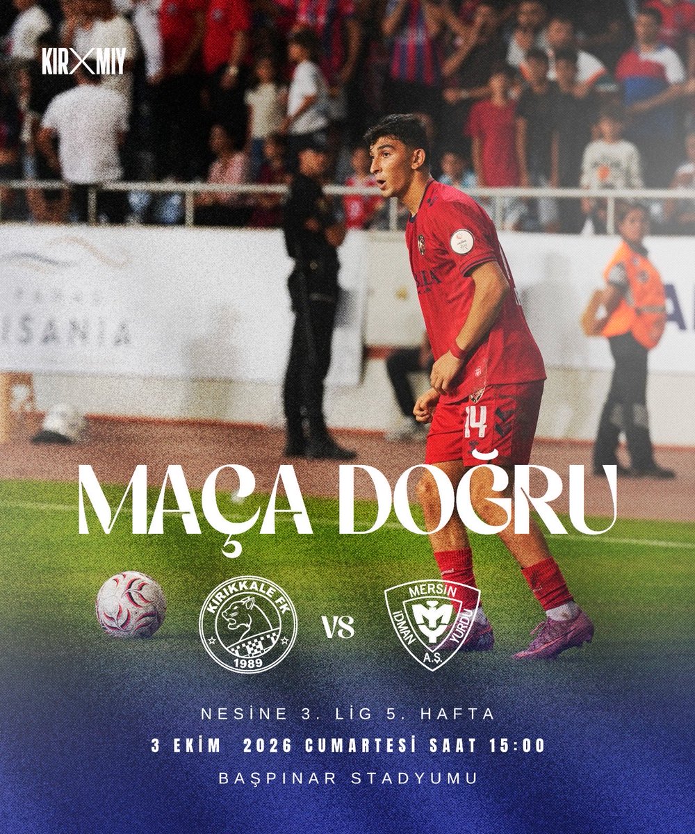 yenimiy_resmi's tweet photo. MAÇA DOĞRU

Takımımız, Nesine 3. Lig 5. hafta karşılaşmasında deplasmanda Kırıkkale FK ile karşı karşıya geliyor.

⚽ Kırıkkale FK 🆚 Yeni Mersin İdman Yurdu
📅 3 Ekim 2026 Cumartesi
⏰ 15.00
🏟️ Başpınar Stadyumu 

Mücadeleye Hazırız!
#YeniMersinİdmanYurdu https://t.co/blQTRjsAPL