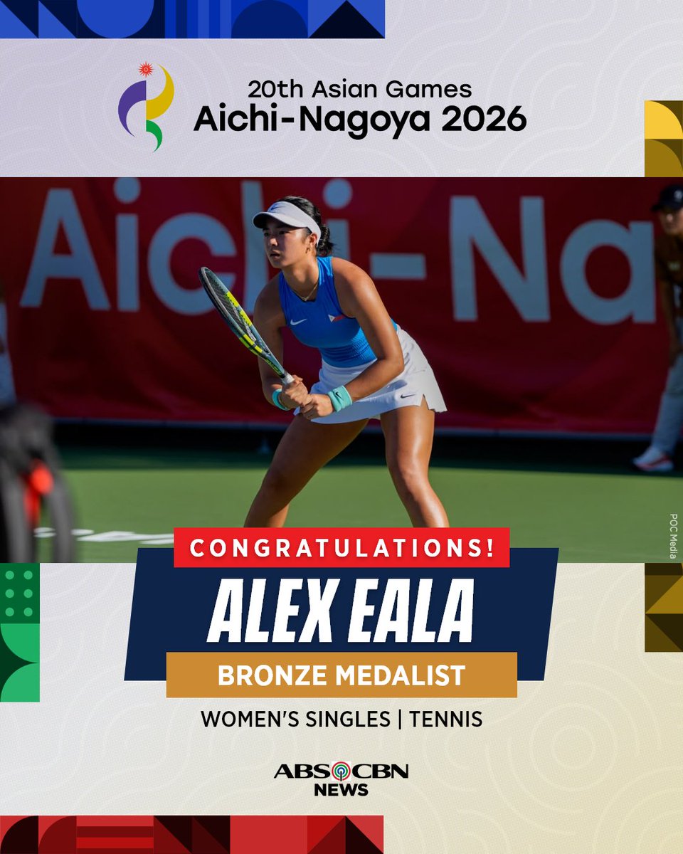ABSCBNNews's tweet photo. SALAMAT SA LABAN ALEX! 🇵🇭  

Filipina tennis ace Alex Eala settles for bronze after losing to China’s Xiyu Wang, 6-3, 3-6, 2-6, in the women’s singles semifinals at the 20th Asian Games.

Wang faces her compatriot Shuai Zhang in the gold medal match. | via @PaigeJavier https://t.co/GFMvtHCCmH