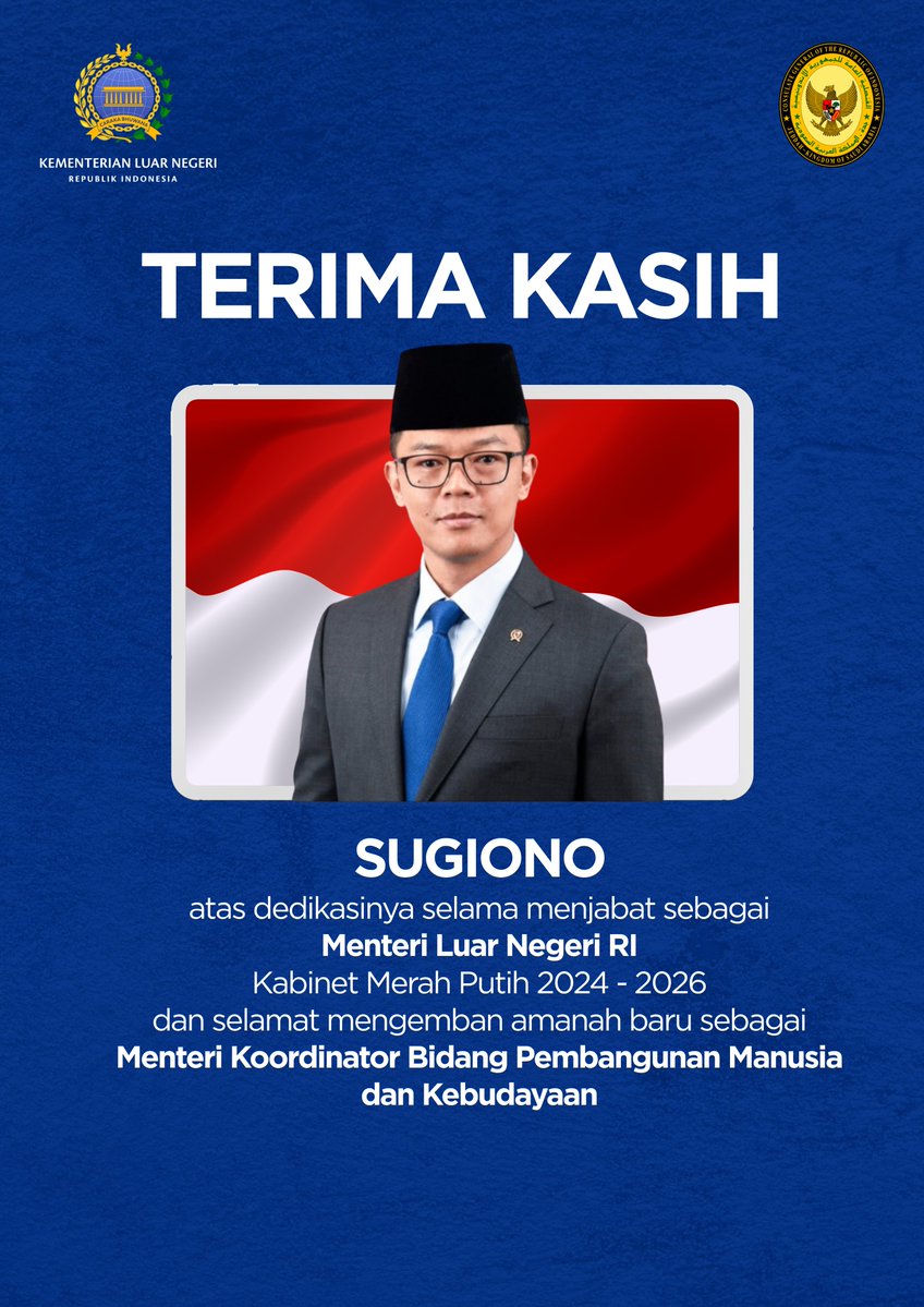 IndonesiaInJED's tweet photo. Terima kasih yang sebesar-besarnya kepada Bapak Sugiono @sugiono_56 atas pengabdian dan dedikasi yang luar biasa selama menjalankan tugas sebagai Menteri Luar Negeri Republik Indonesia.

Segenap keluarga besar KJRI Jeddah turut mendoakan keberkahan dan kesuksesan dalam mengemban tanggung jawab baru sebagai Menteri Koordinator Bidang Pembangunan Manusia dan Kebudayaan (Menko PMK).

#IniDiplomasi
