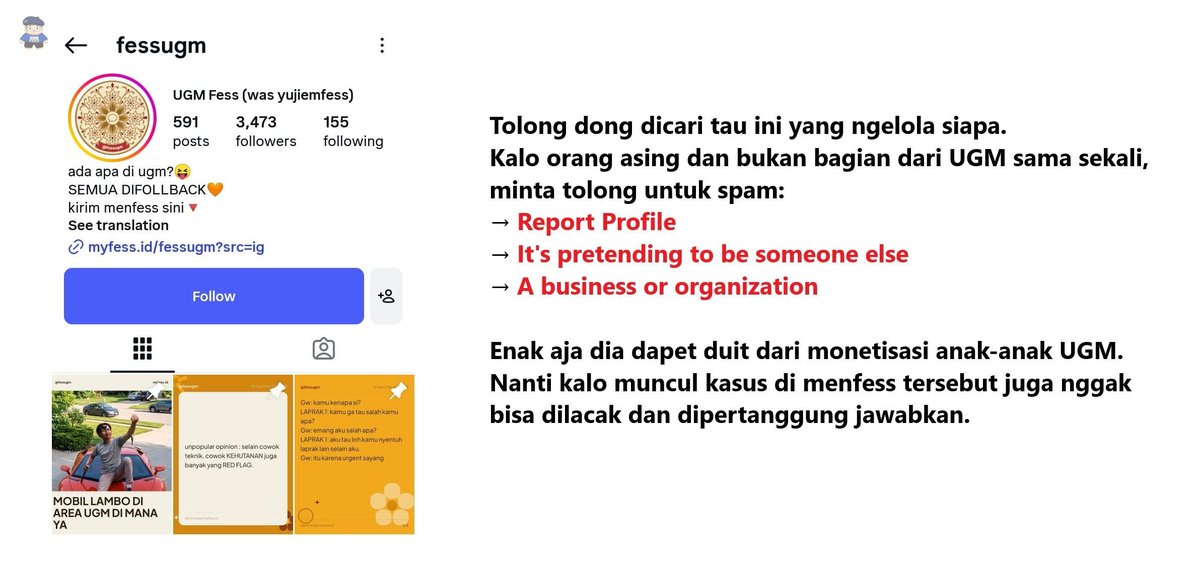 UGM_FESS's tweet photo. Udah terbukti menfess kampus lain yang serupa (pake myfess) dikelola sama orang asing.
Enak aja dia bisa dapet duit dari monetisasi anak-anak yujiem .
Kalo nanti ada masalah di situ pasti adminnya kabur

https://t.co/75e54BQqdP https://t.co/8lcBPbIphb