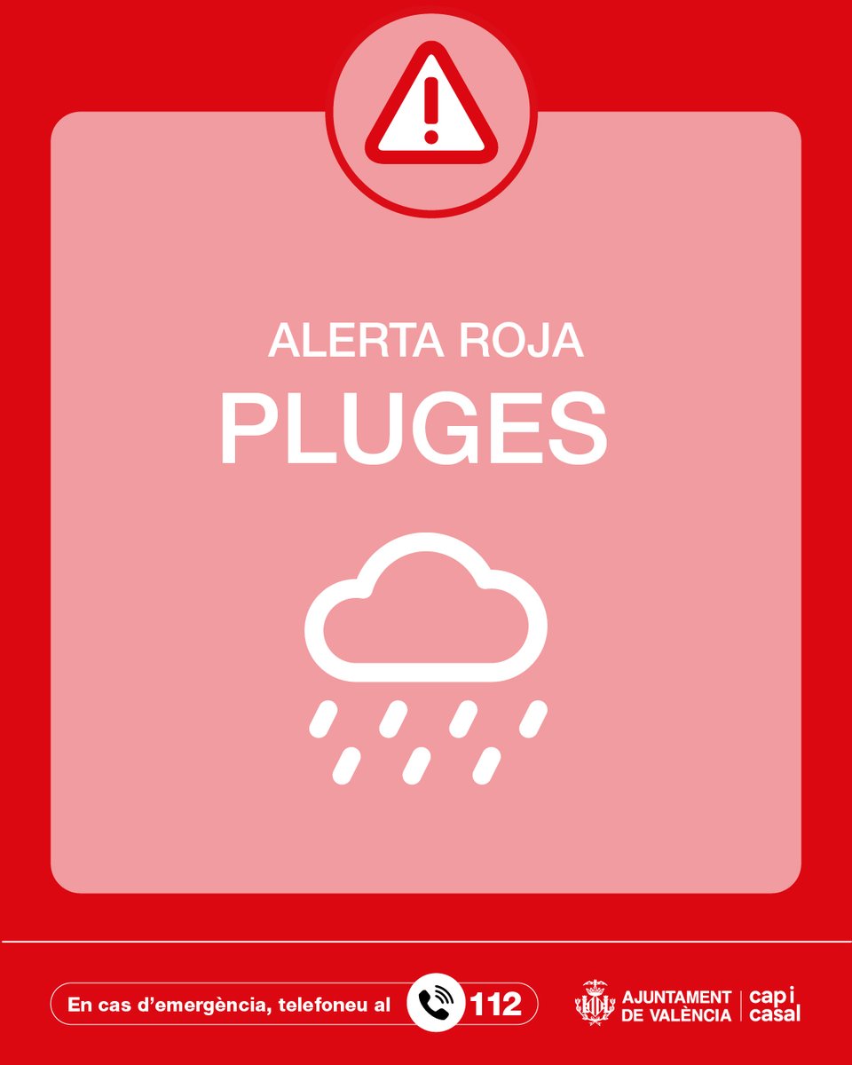 AjuntamentVLC's tweet photo. ⚠️⛈️@GVA112 actualitza i establix 🔴 alerta roja per pluges i alerta taronja 🟠 per tempestes en #València, des de les 18 h de hui dijous 1 d'octubre.

Para atenció a les recomanacions 🔽 https://t.co/DrAUaUvgST