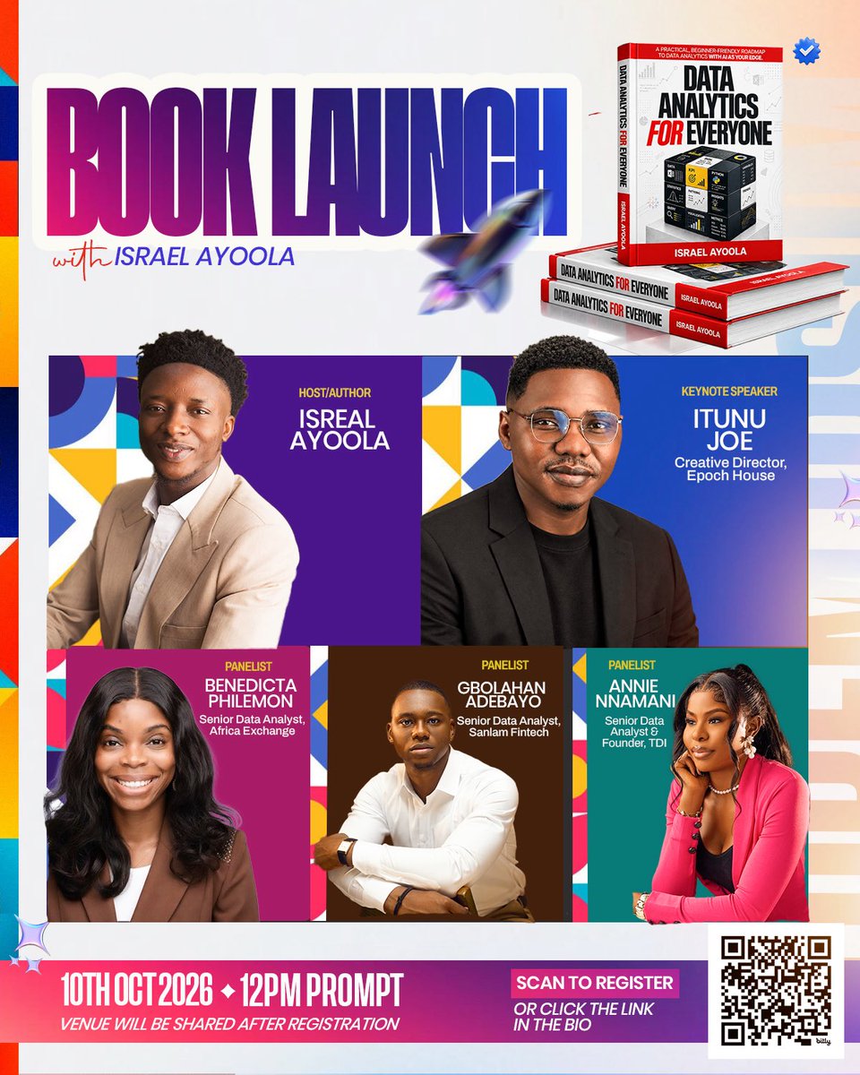 isra_ell1's tweet photo. Meet the speakers/panelists.

October 10. Lagos. Data Analytics for Everyone book launch.

Don’t miss this moment. REGISTER NOW!

Let the countdown begin.

#dataanalytics #booklaunch #datasensei #datacommunity #datafam https://t.co/0JBHhTbThk