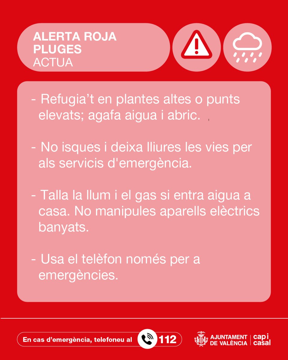 AjuntamentVLC's tweet photo. ⚠️⛈️@GVA112 actualitza i establix 🔴 alerta roja per pluges i alerta taronja 🟠 per tempestes en #València, des de les 18 h de hui dijous 1 d'octubre.

Para atenció a les recomanacions 🔽 https://t.co/DrAUaUvgST