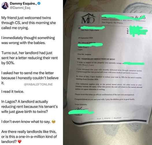 yabaleftonline's tweet photo. Landlord reportedly reduces tenant’s rent by 50% after they welcomed twins. https://t.co/mtJ5KpigFA