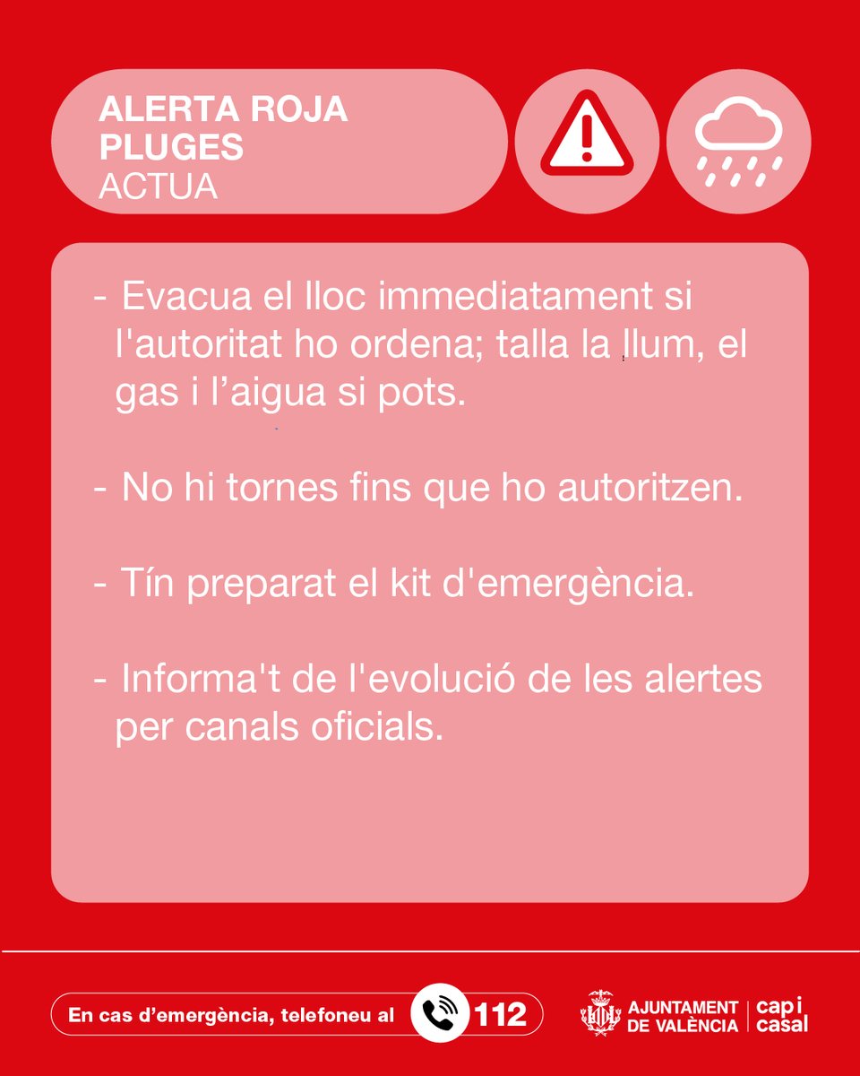 AjuntamentVLC's tweet photo. ⚠️⛈️@GVA112 actualitza i establix 🔴 alerta roja per pluges i alerta taronja 🟠 per tempestes en #València, des de les 18 h de hui dijous 1 d'octubre.

Para atenció a les recomanacions 🔽 https://t.co/DrAUaUvgST