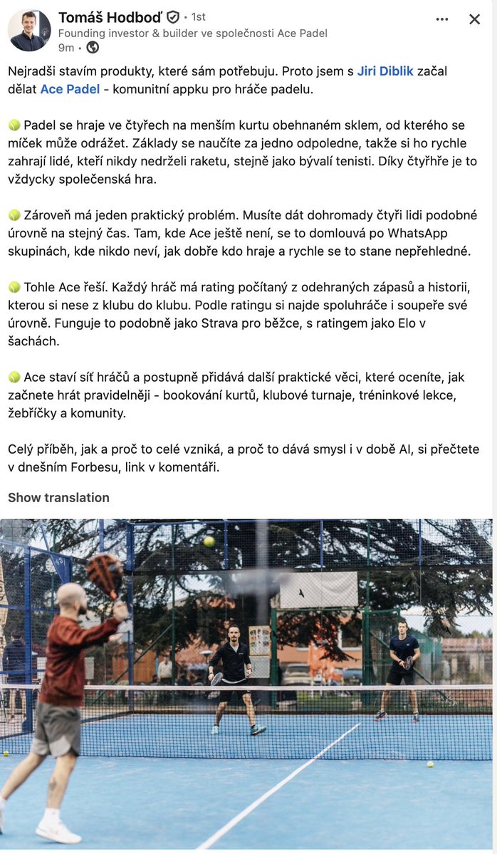 MITONCZ's tweet photo. 🎾 Jestli hrajete padel, dost možná už Ace používáte. Appka, kterou do světa pustil @jiridiblik_, se stává novým fulltime dobrodružstvím našeho Tomáše Hodbodě (ex-Heureka, Donio, Glami).
🔗 https://t.co/FCnOAavV8G

Na fotce oba: Jirka, @orisek + taky náš @venca : ) https://t.co/kPwj0haujV
