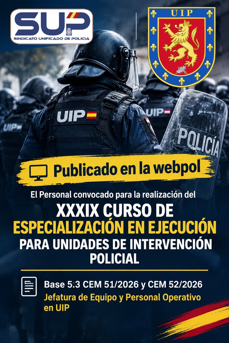 FuipSup's tweet photo. 🗣️📢 Publicado en Webpol el listado del Personal convocado para la realización del XXXIX CURSO DE ESPECIALIZACIÓN EN EJECUCIÓN PARA UNIDADES DE INTERVENCIÓN POLICIAL”Base 5.3 CEM 51/2026 y CEM 52/2026 Jefatura de Equipo y Personal Operativo en UIP
#FuerzaHonorYProtección⚔️🦁🛡️🇪🇸 https://t.co/1gxtnnL88C