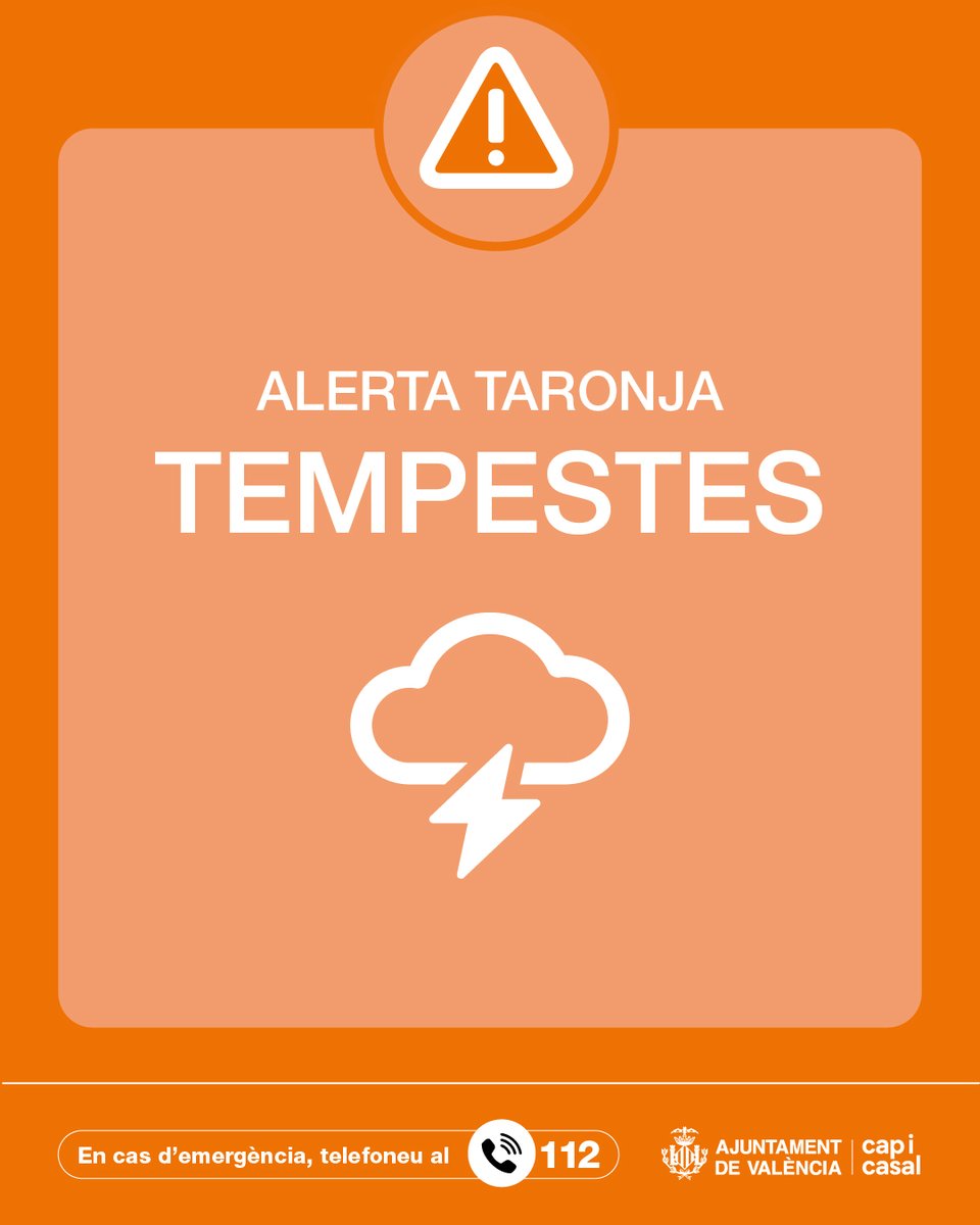 AjuntamentVLC's tweet photo. ⚠️⛈️@GVA112 actualitza i establix 🔴 alerta roja per pluges i alerta taronja 🟠 per tempestes en #València, des de les 18 h de hui dijous 1 d'octubre.

Para atenció a les recomanacions 🔽 https://t.co/DrAUaUvgST