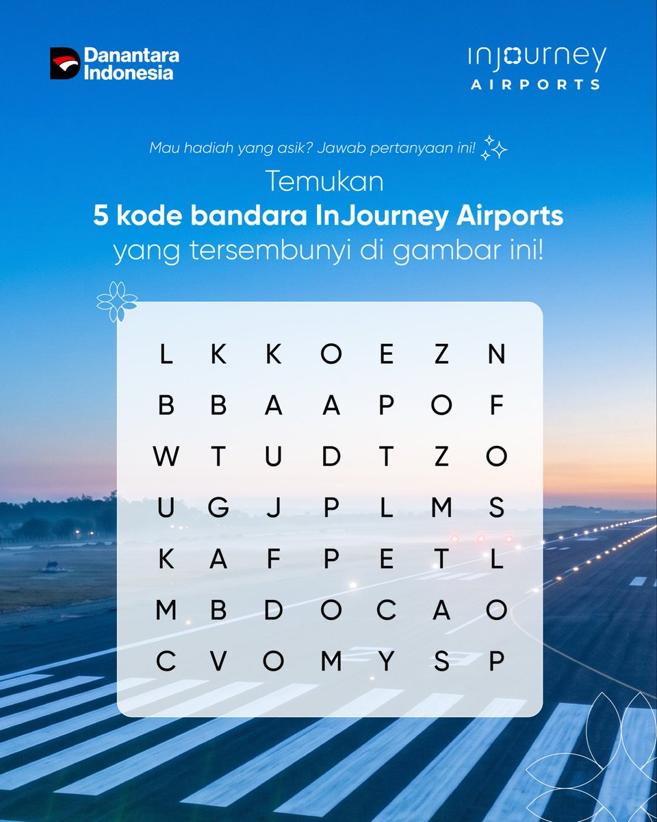 INJairports's tweet photo. 5 orang keren yang bisa jawab pertanyaan di atas bakal dapet hadiah menarik dari kami senilai Rp1 juta! Yuk, ikutan 🤗🙌

Cek syarat dan ketentuannya: https://t.co/tFcy6aAmKE
