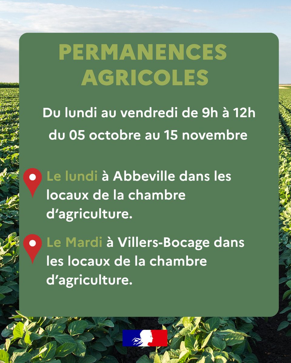 Image de Préfet de la Somme : 🧑🌾OUVERTURE DES PERMANENCES AGRICOLES DANS LA SOMME
🗓️À partir de lundi 5 octobre, sans rendez-