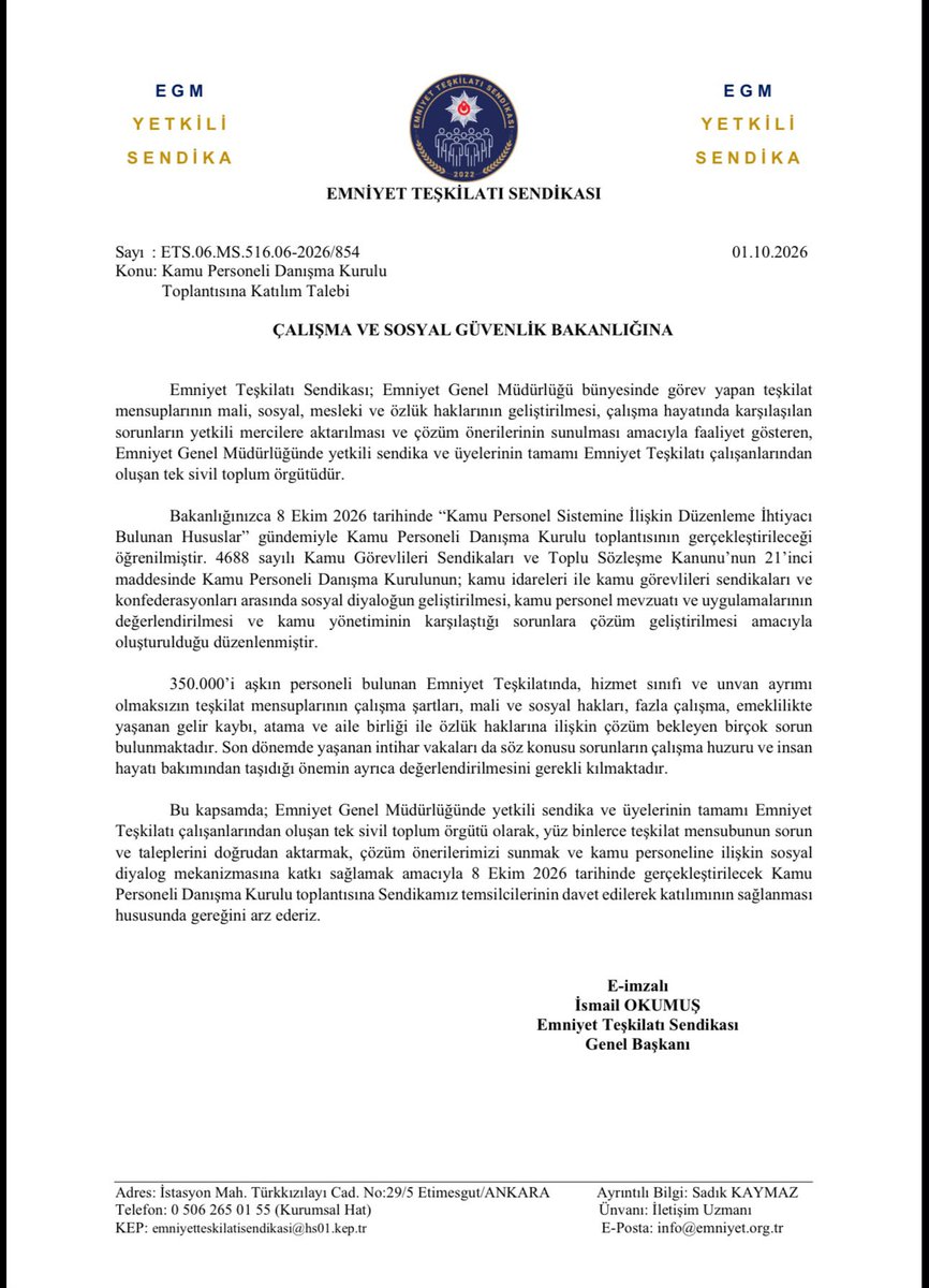 EmniyetTS's tweet photo. Çalışma ve Sosyal Güvenlik Bakanlığı tarafından gerçekleştirilecek Kamu Personeli Danışma Kurulu Toplantısı’na, Emniyet Teşkilatı mensuplarını temsilen katılım sağlamak amacıyla resmî talep yazımızı Bakanlığımıza ilettik.

Kamu personelinin sorunlarının ve çözüm yollarının konuşulduğu bir masada, Emniyet Teşkilatı mensuplarının sorunları da konuşulmalı, teşkilatımızın sesi de duyulmalıdır.