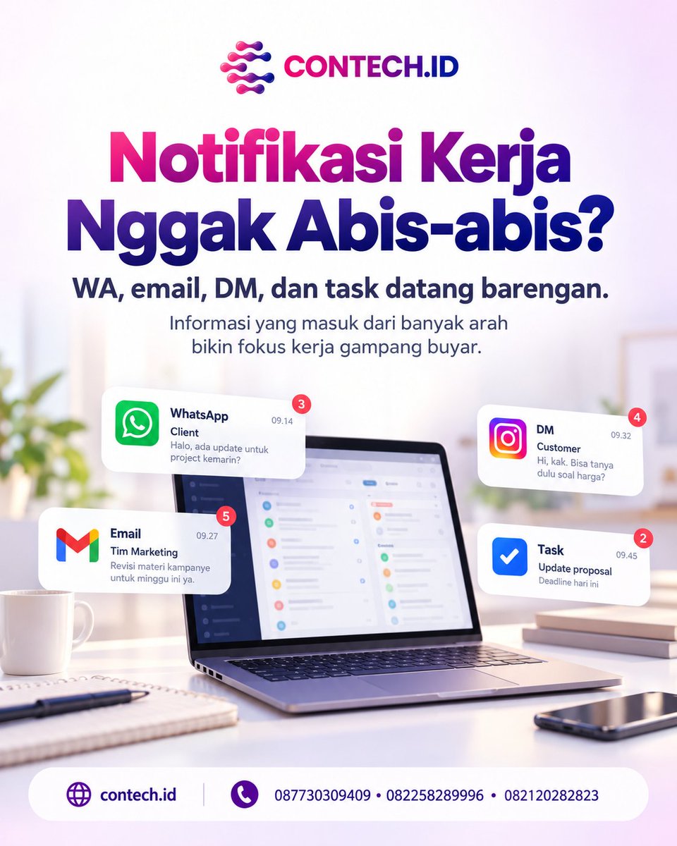 contechofficial's tweet photo. Lagi fokus, notif masuk. Baru mau lanjut kerja, notif lain nyusul. Kalau informasi datang dari terlalu banyak tempat, kerjaan simpel pun bisa terasa ribet. Mau workflow bisnis lebih rapi? ๐ฒ 087730309409 โข 082258289996 โข 082120282823 ๐ https://t.co/1zwQr4rTEp #contechid https://t.co/0IN043i5PI