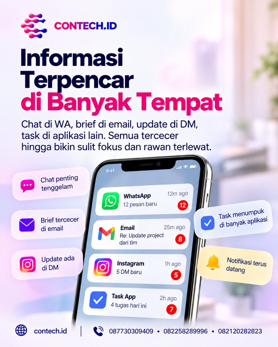 contechofficial's tweet photo. Lagi fokus, notif masuk. Baru mau lanjut kerja, notif lain nyusul. Kalau informasi datang dari terlalu banyak tempat, kerjaan simpel pun bisa terasa ribet. Mau workflow bisnis lebih rapi? ๐ฒ 087730309409 โข 082258289996 โข 082120282823 ๐ https://t.co/1zwQr4rTEp #contechid https://t.co/0IN043i5PI