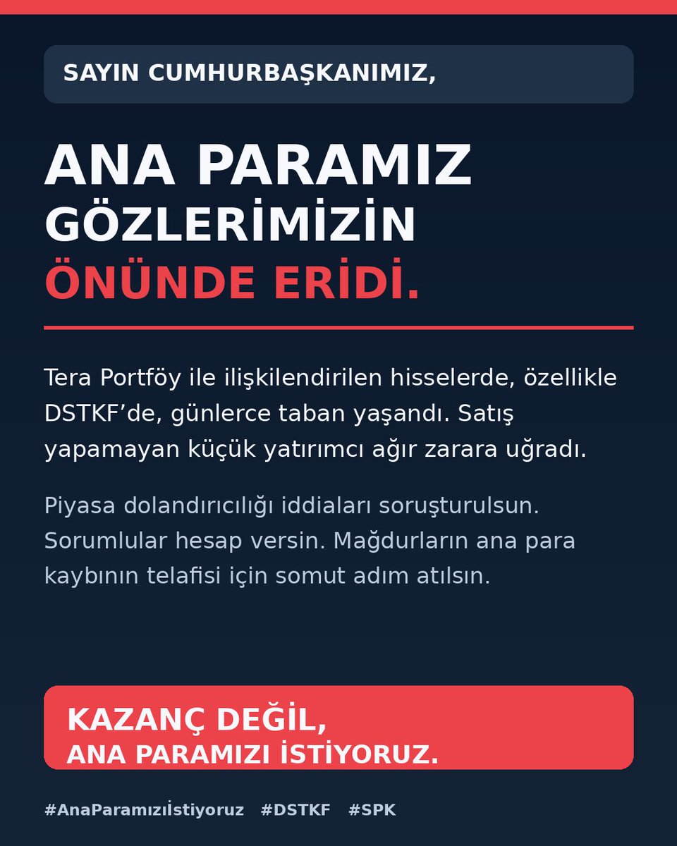 Borsaayuer's tweet photo. ASLA SUSMUYORUZ 🔴

16–17 Eylül sonrası tasfiye/zorunlu satış baskısıyla günlerce tabana kilitlenen hisselerde yatırımcıya çıkış hakkı dahi tanınmadı. ❌
Satmak istedik, satamadık; ana paramız gözümüzün önünde eridi. 
Piyasa dolandırıcılığı alenen belli olan ve 26 kusurlu hisse içerisinde yer alan bu hisselerin sahipleri ağır etkilendi.

Piyasa manipülasyonunun bedelini küçük yatırımcı ödememeli. 

16–17 Eylül öncesi maliyet/fiyatlar esas alınarak, mağdur yatırımcıların —sonradan hissesini tabanda mecburen satmak zorunda kalanlar dâhil olmak üzere— zararlarının tazmin edilmesini ve ANA PARAMIZIN geri verilmesini istiyoruz.

 #YatırımcıMağduriyeti #DSTKF @abakingurlek @_cevdetyilmaz @RTErdogan #battık #hissemağdurları #HisseMagdurları #borsamağdurları #borsa #piyasa #endeks #dstkf #tehol #trhol #ozatd #selec #ktlev #battık #perşembe #FatmaBetülSayanKaya #GT #gt #AnaParamızıGeriVerin #AnaparamızıVerin #tt