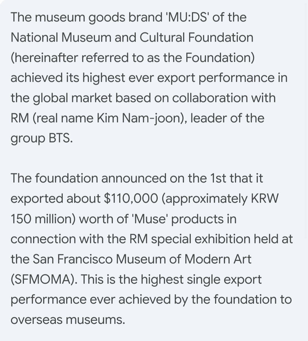 shadow_twts's tweet photo. The museum goods brand "MU:DS" of the National Museum and Cultural Foundation achieved its highest single export performance ($110,000) ever to overseas museums based on collaboration with @BTS_twt RM special exhibition at SFMOMA. https://t.co/WXEWCVnyme