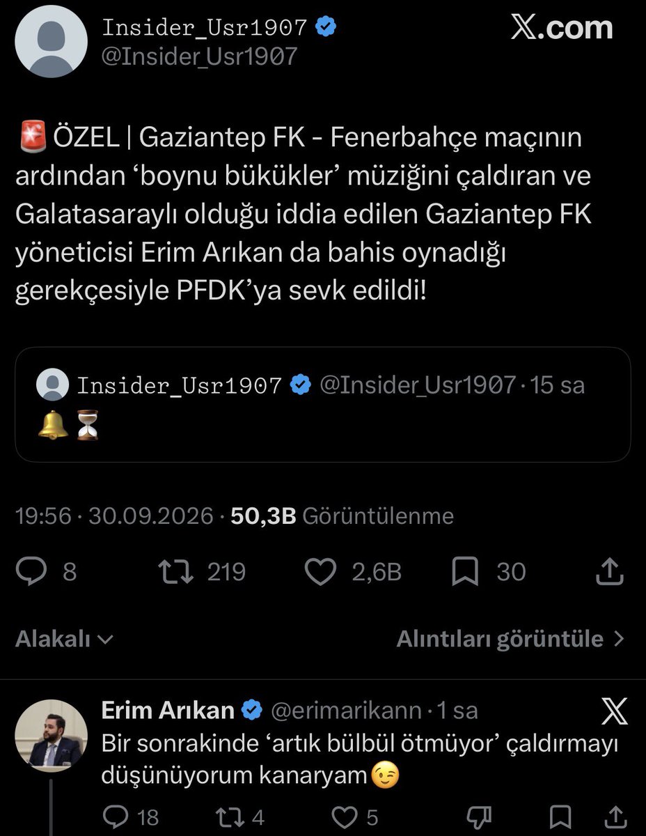 Fener's tweet photo. Bahis oynadığı gerekçesiyle PFDK'ya sevk edilen Gaziantep FK Başkanvekili Erim Arıkan'ın bir paylaşıma verdiği yanıt. https://t.co/7mZl7K5VhV