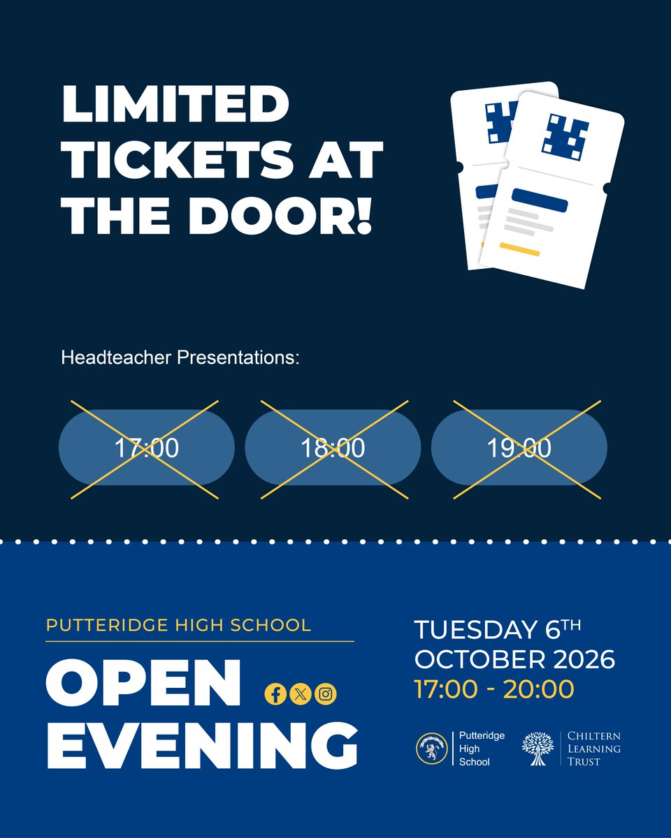 PutteridgeHSch's tweet photo. While Headteacher presentations are now fully booked for our Open Evening next week, limited tickets are still available on the door. School tours remain open to everyone - no booking required, and the presentation will be recorded and shared after the event. https://t.co/jRsijWtgBA