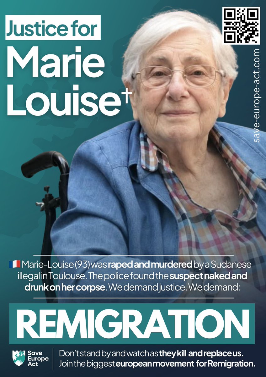 SaveEuropeAct's tweet photo. Justice for Marie-Louise 🕯️

Our girls are never too young. Our mothers and grandmothers are never too old. They are still targets.

She could have been your grandmother. Marie-Louise, 93, was murdered in Toulouse, France. A 34-year-old Sudanese man was found naked and asleep on top of her body.

He is accused of sexually assaulting the disabled, bedridden woman and of moving her through several rooms of her house. An autopsy found injuries consistent with sexual violence and asphyxiation. He has been charged and placed in pre-trial detention.

Marie-Louise was beloved in her neighbourhood — “the little grandmother of the quarter.”