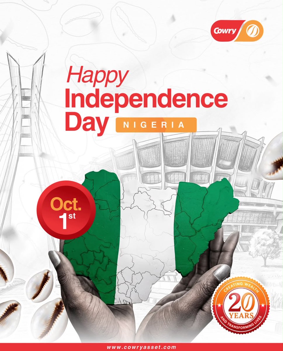 CowryAssetMgt's tweet photo. Happy Independence Day, Nigeria! 
Today we hold our nation in our hands with pride, hope and the promise of a greater future. 
From all of us at Cowry Asset.

#NigeriaAt66 #HappyIndependenceDay #CowryAsset #CreatingWealthTransformingLives #Oct1st https://t.co/kkjTEZ2GNY