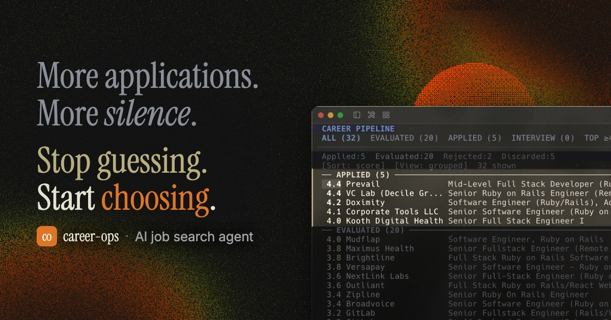 santifer's tweet photo. Companies use AI to filter candidates. I just gave candidates AI to choose companies.

I built this to find my own job: 740 listings evaluated. 68 applied. 12 interviews. 1 offer.

Six months later, I left that job to work on career-ops full time. https://t.co/rvEEyqwkhS