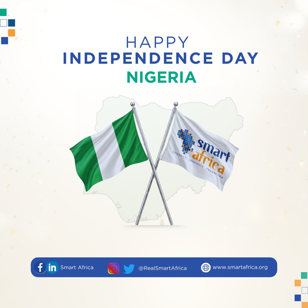 RealSmartAfrica's tweet photo. 𝐇𝐚𝐩𝐩𝐲 𝐈𝐧𝐝𝐞𝐩𝐞𝐧𝐝𝐞𝐧𝐜𝐞 𝐃𝐚𝐲, 𝐍𝐢𝐠𝐞𝐫𝐢𝐚! 🇳🇬

Since joining the Smart Africa Alliance in 2023, Nigeria has been actively contributing to our shared mission of advancing Africa's digital transformation.

Wishing the government and people of Nigeria a joyful Independence Day! 🎉

#Nigeria #IndependenceDay #SmartAfrica #DigitalAfrica