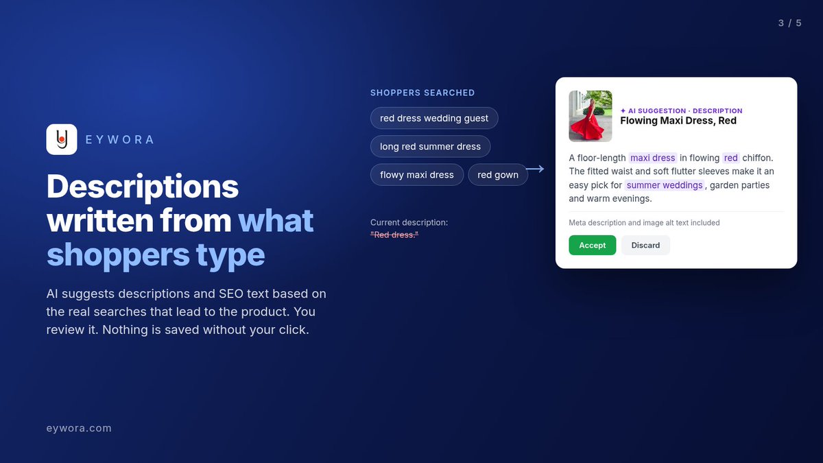 eywora_app's tweet photo. Some products in your shop are quietly losing you sales
Eywora Product Health:
✅ scores every product from 0 to 100
✅ flags missing EANs, short descriptions, too few photos
✅ puts first the products shoppers actually look for
#ecommerce #ProductData #Shopify #Shopware https://t.co/n7yoltmw56