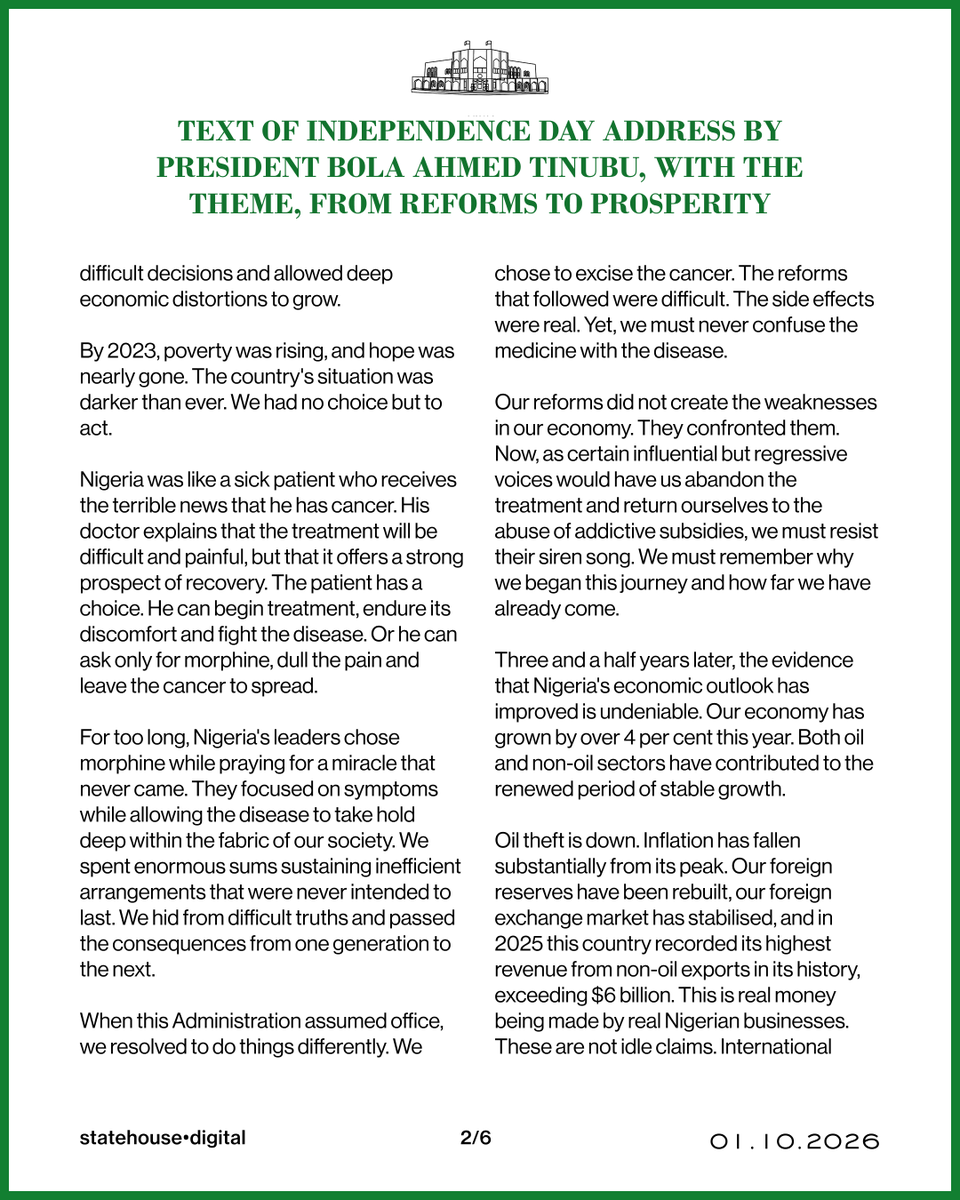NGRPresident's tweet photo. TEXT OF INDEPENDENCE DAY ADDRESS BY PRESIDENT BOLA AHMED TINUBU, WITH THE THEME, FROM REFORMS TO PROSPERITY 🇳🇬 https://t.co/yUgM86DbGK