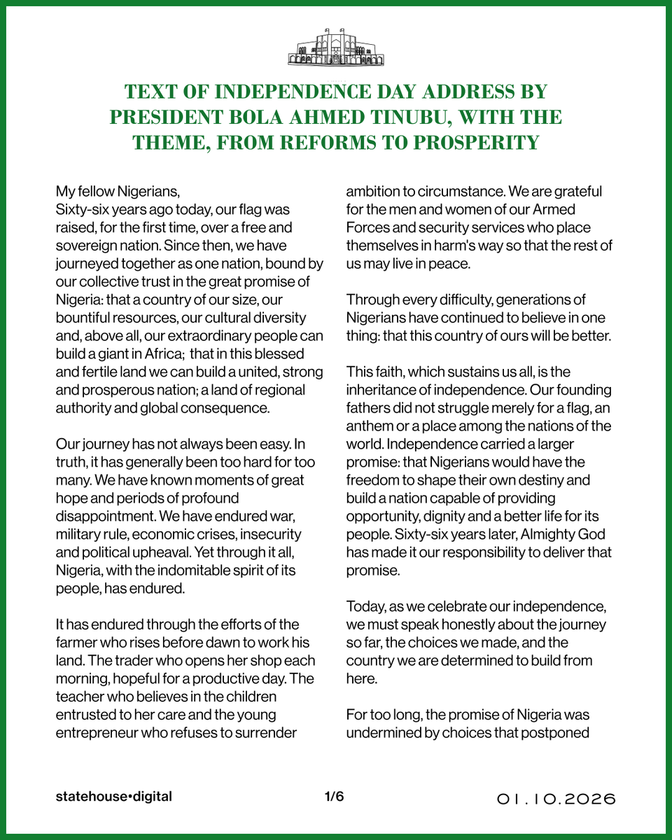 NGRPresident's tweet photo. TEXT OF INDEPENDENCE DAY ADDRESS BY PRESIDENT BOLA AHMED TINUBU, WITH THE THEME, FROM REFORMS TO PROSPERITY 🇳🇬 https://t.co/yUgM86DbGK