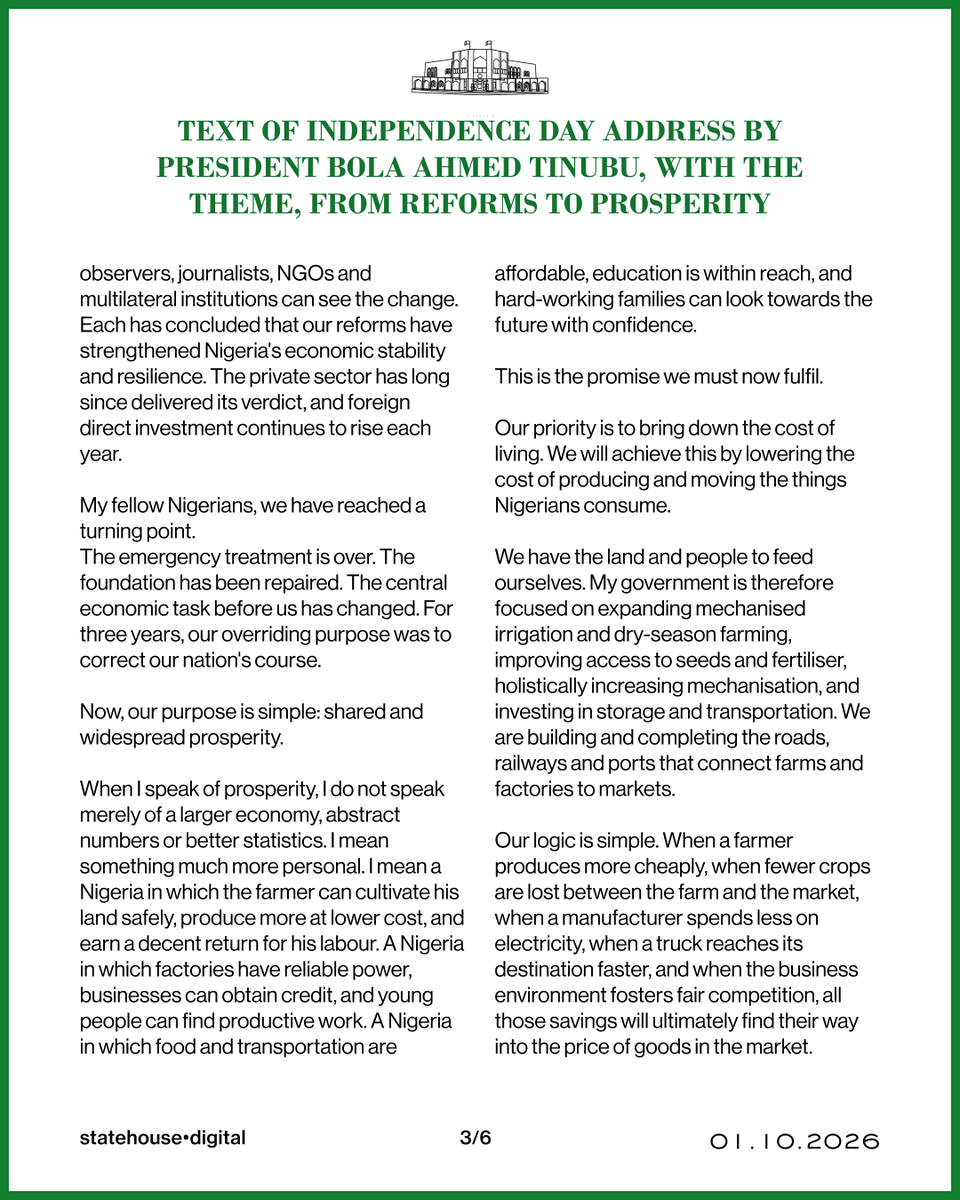 NGRPresident's tweet photo. TEXT OF INDEPENDENCE DAY ADDRESS BY PRESIDENT BOLA AHMED TINUBU, WITH THE THEME, FROM REFORMS TO PROSPERITY 🇳🇬 https://t.co/yUgM86DbGK