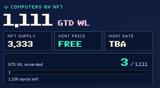 Igor71377003's tweet photo. 🖥️ Creators, turn your content into WL 👀

Computers RH is rewarding creators with GTD WL 🎟️

🎟️ 3,333 supply
💎 FREE mint
📝 1,111 GTD WL spots
⛓️ Robinhood Chain
Create. Post. Get WL. 🔥
@ComputersRh
#RobinhoodChain https://t.co/ZxftrFJPyq