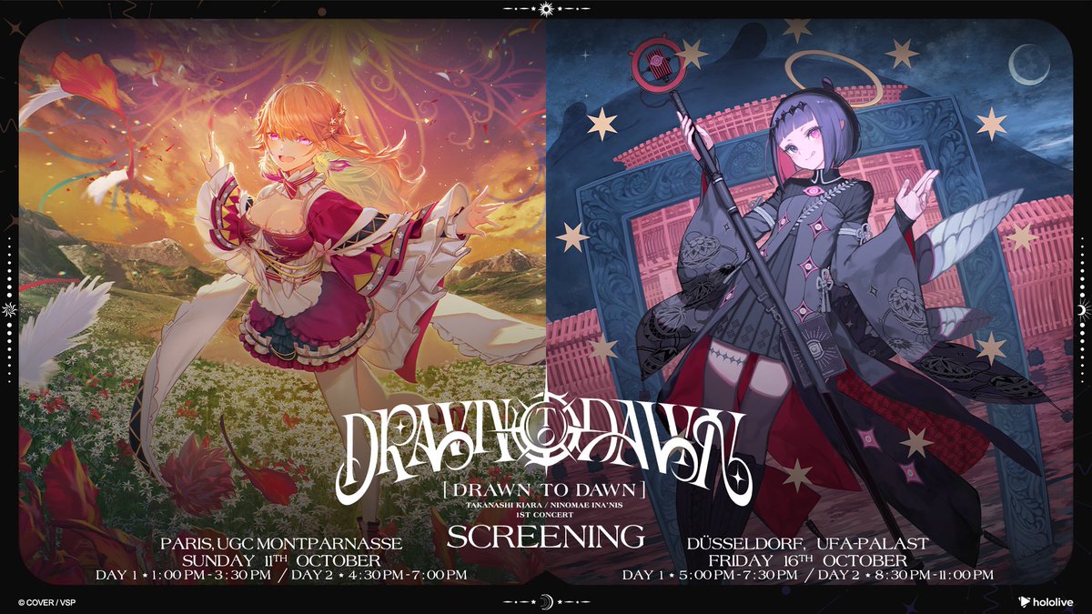 hololive_En's tweet photo. 📌Drawn To Dawn is coming to France and Germany📌

For the very first time in France and Germany, fans can experience Takanashi Kiara / Ninomae Ina’nis 1st Concert "Drawn to Dawn" on the big screen. Book your tickets below!

🔽France🔽
https://t.co/0H9t5hjddM

🔽Germany🔽
https://t.co/mbOMwvjBlW

 #drawntodawn