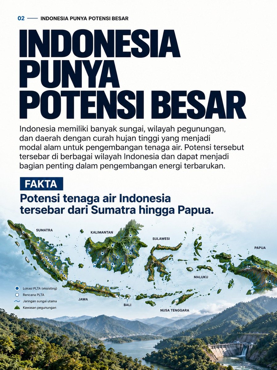 EVirdhansyah's tweet photo. Indonesia memiliki potensi besar energi tenaga air yang tersebar luas dari Sumatra hingga Papua, menjadikannya modal alam yang sangat strategis untuk pengembangan energi bersih di masa depan

#EnergiTerbarukan 
#GreenEnergy https://t.co/DpsGkZkA8v