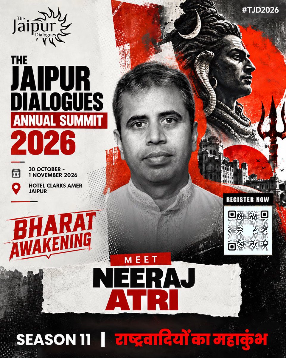 JaipurDialogues's tweet photo. Known for his fearless exposés on NCERT biases and systemic narrative manipulation, @AtriNeeraj joins us live at The Jaipur Dialogues Annual Summit 2026! Step into an eye-opening session breaking down institutional reform and intellectual reclaiming.  

🗓️ Date: 30th October – 1st November 2026
📍 Venue: Hotel Clarks Amer, Jaipur
  
🎟️ Don't miss out—scan the QR code to book your passes now - https://t.co/VZGyHVk5ac

#TJD2026 #NeerajAtri #BharatAwakening #TheJaipurDialogues2026