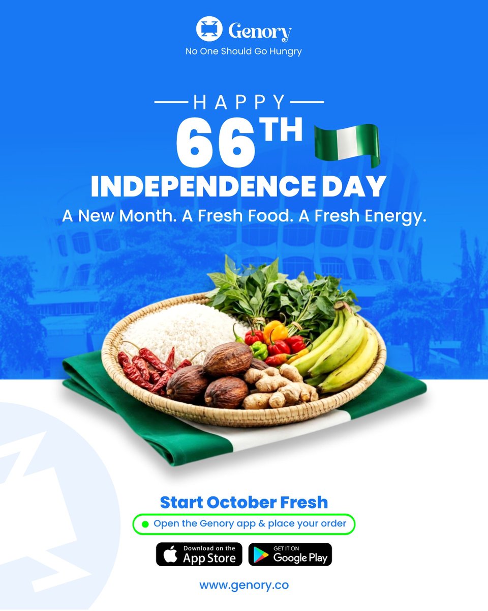genoryhq's tweet photo. Today, we celebrate the resilience, creativity, and strength that continue to shape our nation.
A stronger Nigeria begins with stronger communities and access to fresh, affordable food is part of that foundation.

Here’s to a healthier, stronger, more food-secure Nigeria. https://t.co/j0wDjIA774