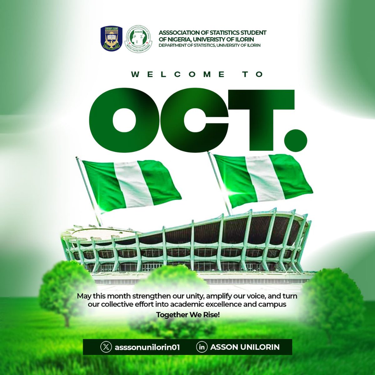 AssonUnilorin01's tweet photo. Happy New Month, Assonites! 🌟 A new month brings fresh opportunities to learn, grow, and succeed together. Let’s make this October our best one yet! 📚✨ https://t.co/Ka368VcNaE