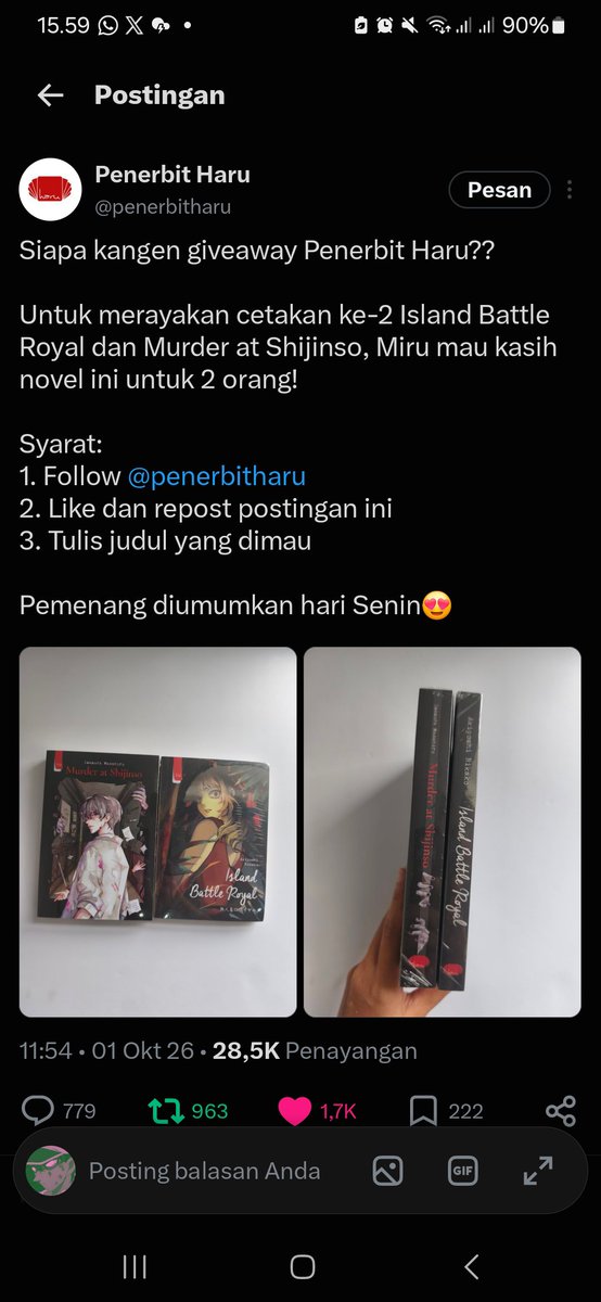 beesyul's tweet photo. @penerbitharu donee minn, kebetulan aku suka bgtt sama genre ctm kaya gini dan lagi baca buku holy mother sekarang! jujur jadi penasaran sama karyanya akiyoshi rikako sensei yang lainn jadi aku pengen bangett baca island battle royall. bismillahh wish me luckk https://t.co/mVgevM1sVv
