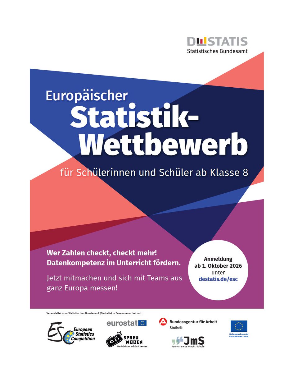 Statistik_TLS's tweet photo. Mit #Daten, #Teamgeist und #Kreativität zum #Statistik-Champion. Ab sofort können sich Schülerinnen und Schüler der 8. bis 13. Klassen für den Europäischen #Statistikwettbewerb anmelden: https://t.co/AzApQUBzLm
Zur Anmeldung: https://t.co/MLKOTYmYWS
#esc2027stat https://t.co/Pbrp1LPirl