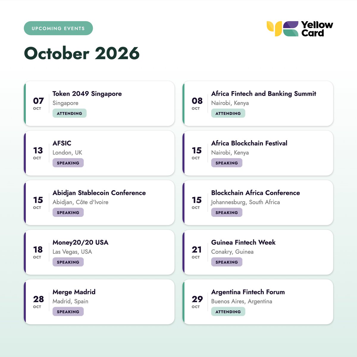 yellowcard_app's tweet photo. This October, Yellow Card is on the ground across ten cities and four continents, from Singapore to Buenos Aires, Nairobi to Madrid. See where to find us below. https://t.co/e9mEuV8F4A