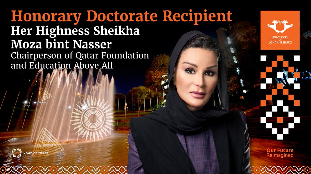 mediauj's tweet photo. UJ GRADUATIONS: UJ conferred a PhD Honoris Causa on Her Highness Sheikha Moza bint Nasser, Chairperson of Qatar Foundation and Education Above All, in recognition of her work defending human rights, placing children’s education at the centre of global policy, and investing in progress and social reform.
#UJHonoraryDoctorate #UJGraduations #UJGrads2026
https://t.co/nNzZmCu1jZ