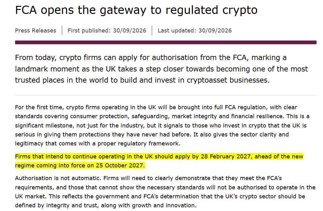 RealAllinCrypto's tweet photo. 🚨BREAKING NEWS: The UK FCA has officially opened its new crypto licensing gateway. 

Firms offering stablecoins, crypto trading, custody and staking can now apply, with applications due by 28th of February 2027 ahead of the full regime going live in October 2027. 

Crypto is becoming part of mainstream UK finance. 🔥