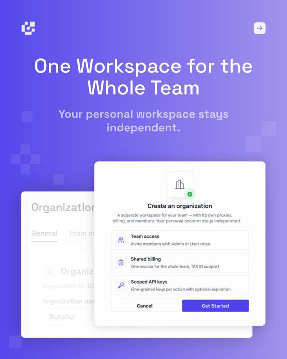 byteful's tweet photo. Byteful accounts now support organizations 👥

A shared workspace for your team with its own proxies, billing and API keys. Each member gets a role, so no more sharing one password.

API keys can be scoped to specific actions with an expiry date, which is what you want when an agent holds the key.