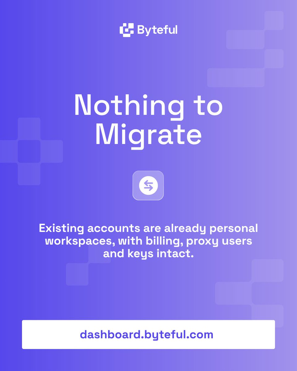 byteful's tweet photo. Byteful accounts now support organizations 👥

A shared workspace for your team with its own proxies, billing and API keys. Each member gets a role, so no more sharing one password.

API keys can be scoped to specific actions with an expiry date, which is what you want when an agent holds the key.