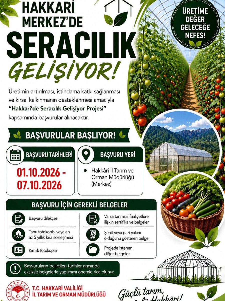 elzem_30's tweet photo. "Hakkâri'de Seracılık Projesi Gelişiyor."
Başvurular 01.10.2026-07.10.2026 
Tarihleri arasında il ve ilçe müdürlüklerinde alınacaktır. https://t.co/GqTolzTScd